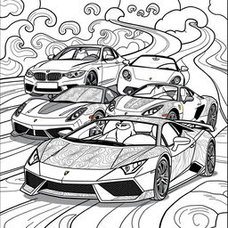 A vibrant and engaging coloring book page designed in a 6x9 inch format, featuring iconic sports cars: a BMW, a Mercedes, a Ferrari, and a Lamborghini