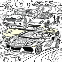 A vibrant and engaging coloring book page designed in a 6x9 inch format, featuring iconic sports cars: a BMW, a Mercedes, a Ferrari, and a Lamborghini