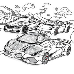 A vibrant and engaging coloring book page designed in a 6x9 inch format, featuring iconic sports cars: a BMW, a Mercedes, a Ferrari, and a Lamborghini