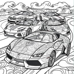 A vibrant and engaging coloring book page designed in a 6x9 inch format, featuring iconic sports cars: a BMW, a Mercedes, a Ferrari, and a Lamborghini