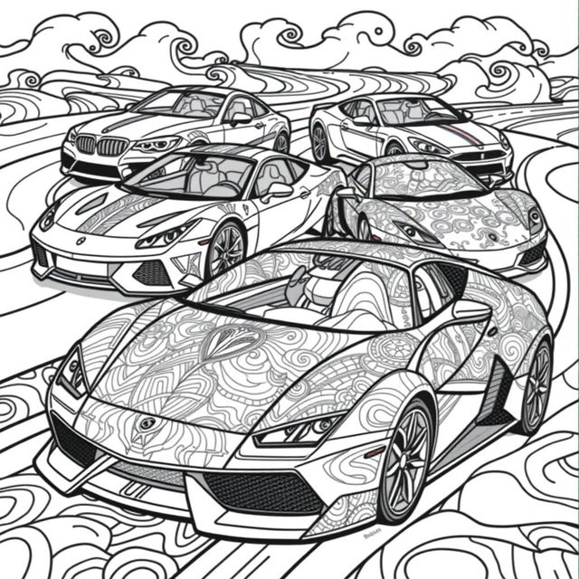 A vibrant and engaging coloring book page designed in a 6x9 inch format, featuring iconic sports cars: a BMW, a Mercedes, a Ferrari, and a Lamborghini