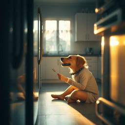 A cinematically dramatic shot capturing the serene beauty of early morning light from the perspective of an open fridge