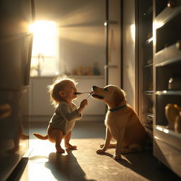 A cinematically dramatic shot capturing the serene beauty of early morning light from the perspective of an open fridge