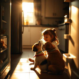 A cinematically dramatic shot capturing the serene beauty of early morning light from the perspective of an open fridge