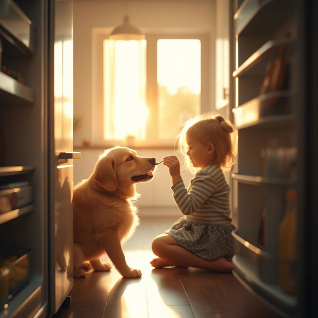 A cinematically dramatic shot capturing the serene beauty of early morning light from the perspective of an open fridge