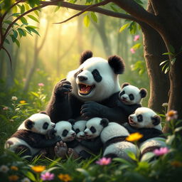 A joyful panda surrounded by his five tiny newborn panda babies, nestled in a lush green forest reminiscent of the ancient setting of the Mahabharata