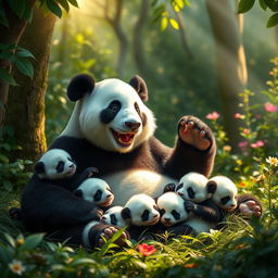 A joyful panda surrounded by his five tiny newborn panda babies, nestled in a lush green forest reminiscent of the ancient setting of the Mahabharata