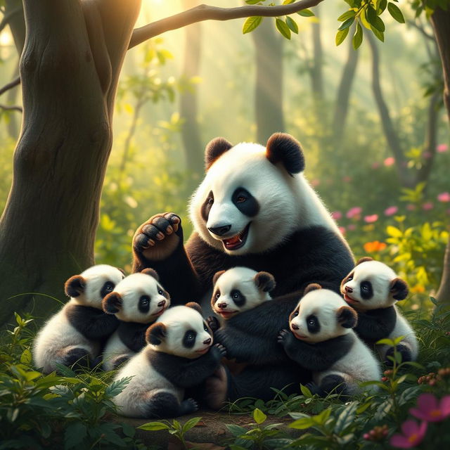 A joyful panda surrounded by his five tiny newborn panda babies, nestled in a lush green forest reminiscent of the ancient setting of the Mahabharata