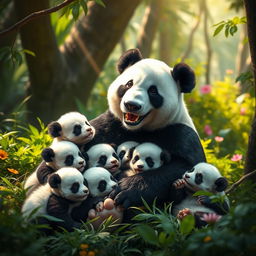 A joyful panda surrounded by his five tiny newborn panda babies, nestled in a lush green forest reminiscent of the ancient setting of the Mahabharata
