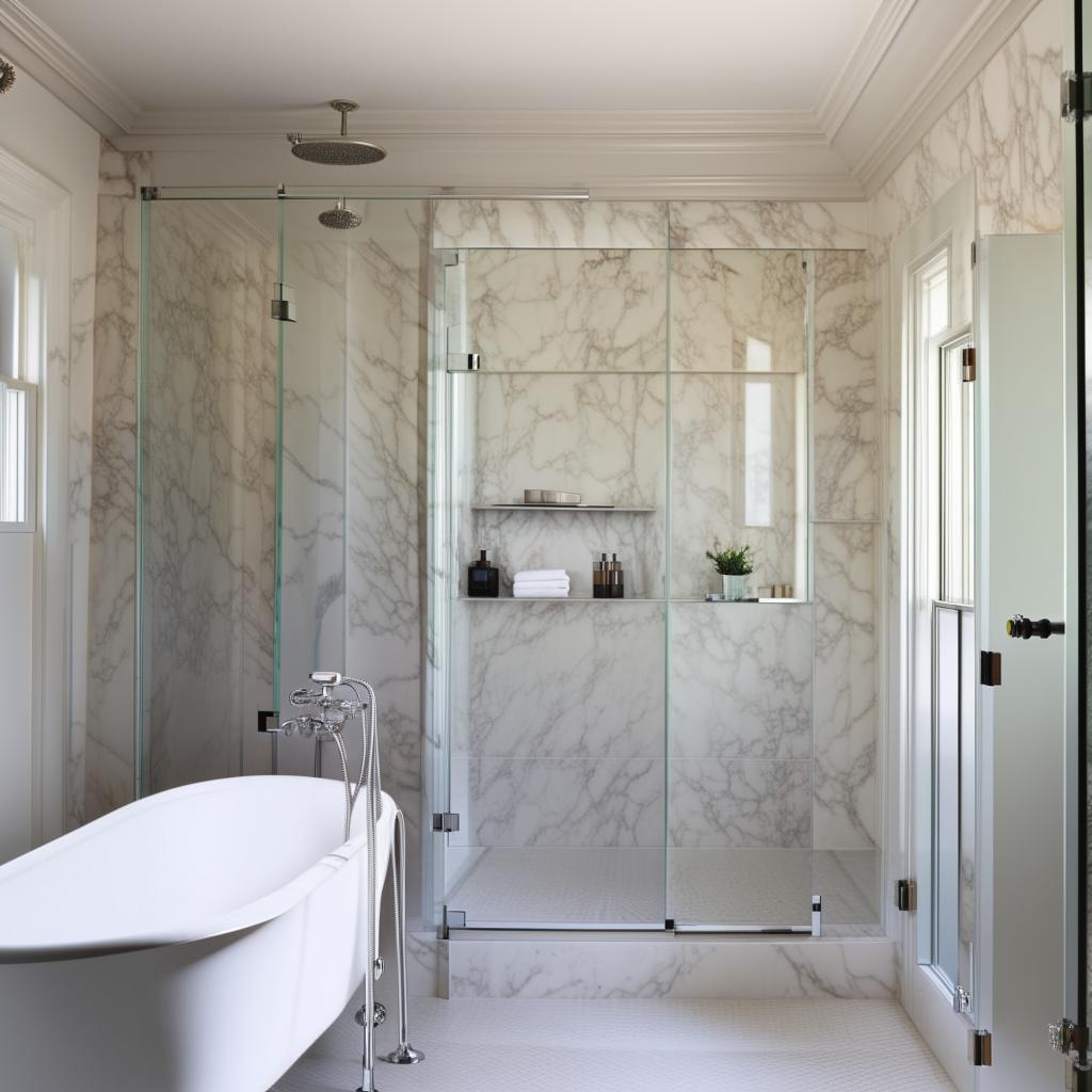 A modern classic bathroom design with a delicate mix of contemporary and traditional elements, featuring a claw-foot bathtub, a sleek glass shower stall, sleek marble top vanity, and chrome fixtures.