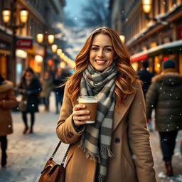 A fashionable woman over 30 years old strolls through a wintry city, wearing stylish outerwear