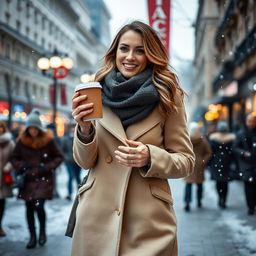 A fashionable woman over 30 years old strolls through a wintry city, wearing stylish outerwear