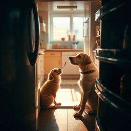 A cinematically dramatic shot from the perspective of an open fridge, revealing a touching scene in a kitchen
