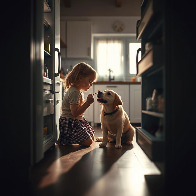 A cinematically dramatic shot from the perspective of an open fridge, revealing a touching scene in a kitchen