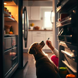 A cinematically dramatic shot from the perspective of an open fridge, revealing a touching scene in a kitchen