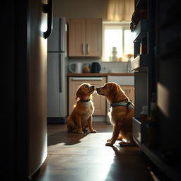 A cinematically dramatic shot from the perspective of an open fridge, revealing a touching scene in a kitchen