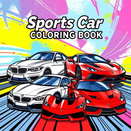 A captivating coloring book cover featuring a stunning graphic design with a collage of iconic sports cars: a BMW, a Mercedes, a Ferrari, and a Lamborghini