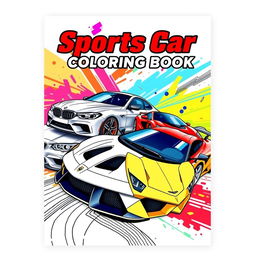 A captivating coloring book cover featuring a stunning graphic design with a collage of iconic sports cars: a BMW, a Mercedes, a Ferrari, and a Lamborghini
