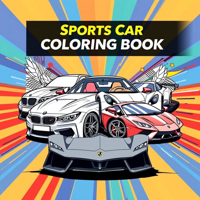 A captivating coloring book cover featuring a stunning graphic design with a collage of iconic sports cars: a BMW, a Mercedes, a Ferrari, and a Lamborghini