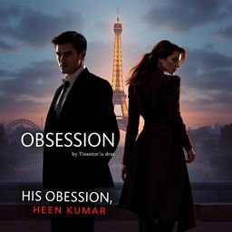 An intriguing book cover design for 'His Obsession, Her War' by Sheen Kumar, featuring the alluring silhouettes of a young, handsome French mafia boss in a tailored suit, exuding charm and mystery