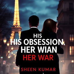 An intriguing book cover design for 'His Obsession, Her War' by Sheen Kumar, featuring the alluring silhouettes of a young, handsome French mafia boss in a tailored suit, exuding charm and mystery