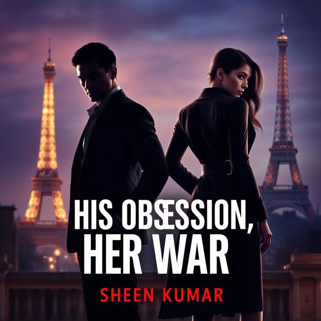 An intriguing book cover design for 'His Obsession, Her War' by Sheen Kumar, featuring the alluring silhouettes of a young, handsome French mafia boss in a tailored suit, exuding charm and mystery