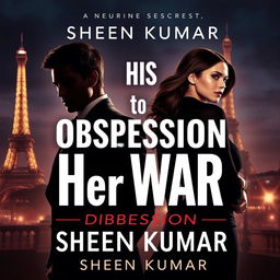 An intriguing book cover design for 'His Obsession, Her War' by Sheen Kumar, featuring the alluring silhouettes of a young, handsome French mafia boss in a tailored suit, exuding charm and mystery