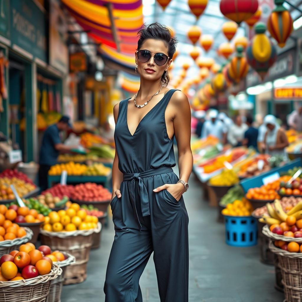 A fashionable woman over 30 years old poses in a stylish jumpsuit against the vibrant backdrop of a street market filled with colorful fruits