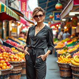 A fashionable woman over 30 years old poses in a stylish jumpsuit against the vibrant backdrop of a street market filled with colorful fruits