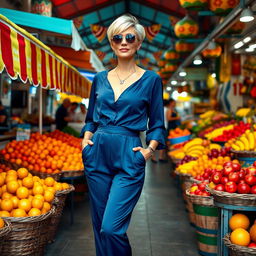 A fashionable woman over 30 years old poses in a stylish jumpsuit against the vibrant backdrop of a street market filled with colorful fruits