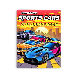 A dynamic and vibrant book cover design for a coloring book featuring iconic cars including a BMW, Mercedes, Ferrari, and Lamborghini