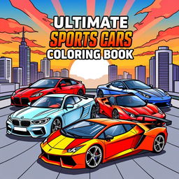 A dynamic and vibrant book cover design for a coloring book featuring iconic cars including a BMW, Mercedes, Ferrari, and Lamborghini