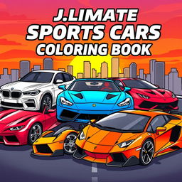 A dynamic and vibrant book cover design for a coloring book featuring iconic cars including a BMW, Mercedes, Ferrari, and Lamborghini