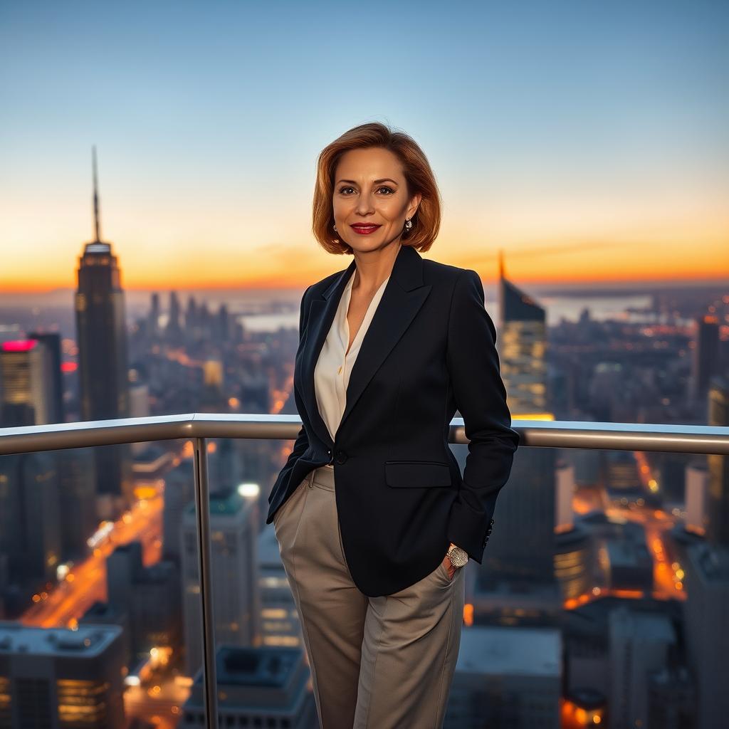 A woman over 30 years old stands elegantly on a balcony overlooking a stunning cityscape