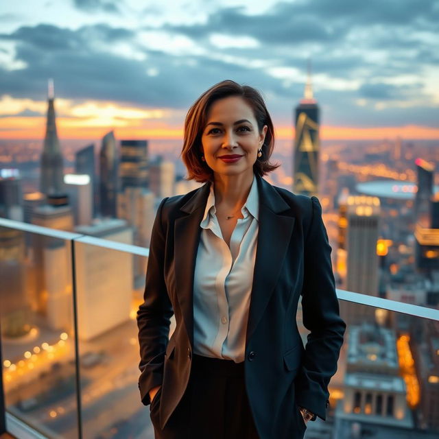 A woman over 30 years old stands elegantly on a balcony overlooking a stunning cityscape