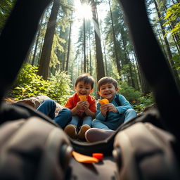 A cinematic shot depicting two children sitting on the forest floor, enjoying a carefree moment as they eat crisps and giggle together