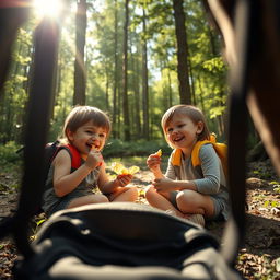 A cinematic shot depicting two children sitting on the forest floor, enjoying a carefree moment as they eat crisps and giggle together