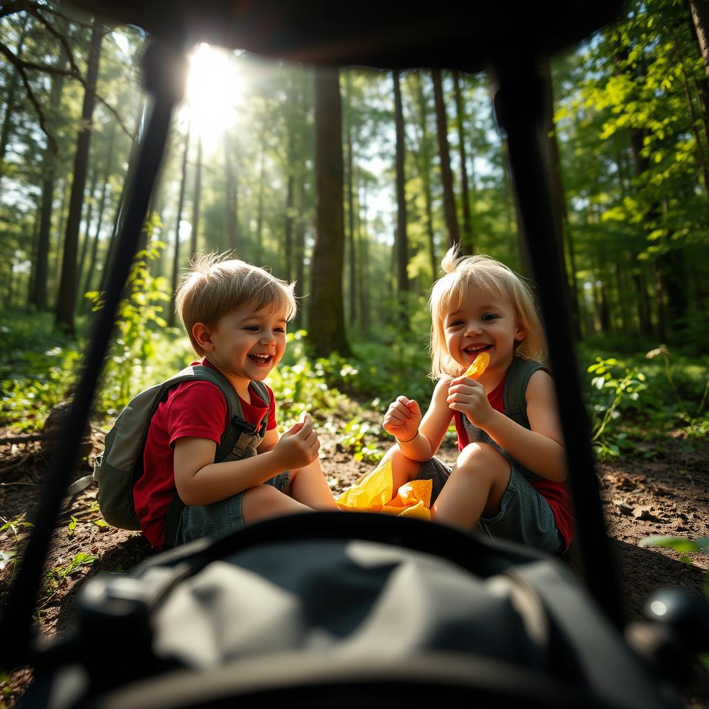 A cinematic shot depicting two children sitting on the forest floor, enjoying a carefree moment as they eat crisps and giggle together