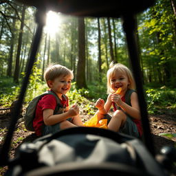 A cinematic shot depicting two children sitting on the forest floor, enjoying a carefree moment as they eat crisps and giggle together