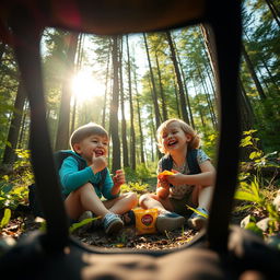 A cinematic shot depicting two children sitting on the forest floor, enjoying a carefree moment as they eat crisps and giggle together