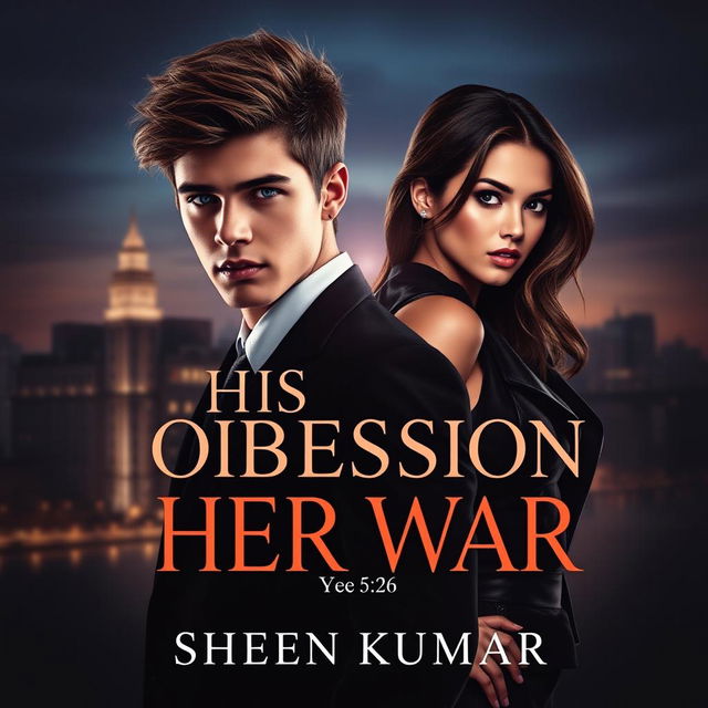 An enticing book cover design for 'His Obsession, Her War' by Sheen Kumar, featuring the alluring silhouettes of a young man with fluffy brown hair and striking blue eyes, dressed in an impeccably tailored suit, alongside a stunning young woman with a mix of hazel and black hair, dressed in a chic, fearless outfit