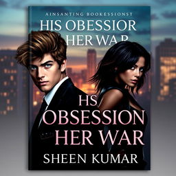 An enticing book cover design for 'His Obsession, Her War' by Sheen Kumar, featuring the alluring silhouettes of a young man with fluffy brown hair and striking blue eyes, dressed in an impeccably tailored suit, alongside a stunning young woman with a mix of hazel and black hair, dressed in a chic, fearless outfit