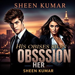 An enticing book cover design for 'His Obsession, Her War' by Sheen Kumar, featuring the alluring silhouettes of a young man with fluffy brown hair and striking blue eyes, dressed in an impeccably tailored suit, alongside a stunning young woman with a mix of hazel and black hair, dressed in a chic, fearless outfit