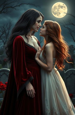 A captivating horror romance scene featuring two beautiful young women in a dark, gothic setting