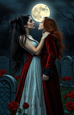 A captivating horror romance scene featuring two beautiful young women in a dark, gothic setting