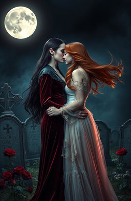 A captivating horror romance scene featuring two beautiful young women in a dark, gothic setting