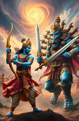 A dynamic scene depicting the epic showdown between Lord Rama and Ravana from the Ramayana