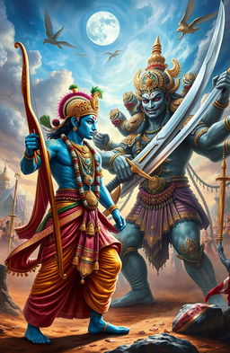 A dynamic scene depicting the epic showdown between Lord Rama and Ravana from the Ramayana