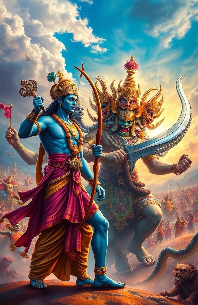 A dynamic scene depicting the epic showdown between Lord Rama and Ravana from the Ramayana