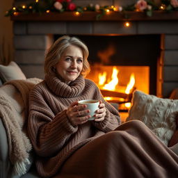 A woman over 30 years old sits comfortably by a cozy fireplace, wearing a warm, oversized sweater